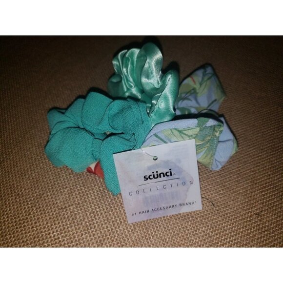 SCUNCI Collection Scrunchie Blue/Green Leaf Print, Mint Satin & Teal Chiffon 3pk - Picture 2 of 2